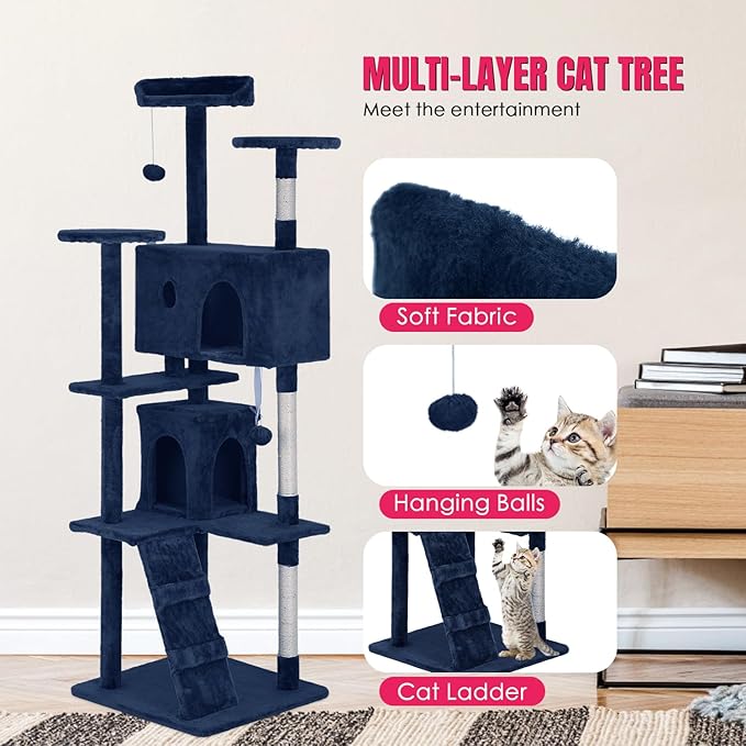PayLessHere 70in Multi-Level Cat Tower with Scratching Post, Cat Condo Stand House Furniture Kitty Activity Center, Navy Blue