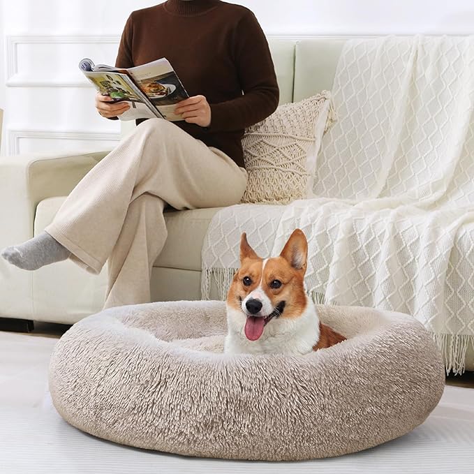 JOLLYVOGUE Dog Bed, Calming Anti-Anxiety Large Dog Bed, Fluffy Donut Cushion for Medium and Large Pets (27"/30"/36")