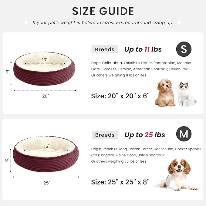 Love's cabin Round Donut Cat and Dog Cushion Bed, 20in Pet Bed for Cats or Small Dogs, Anti-Slip & Water-Resistant Bottom, Super Soft Durable Fabric Pet beds, Washable Luxury Bed Burgundy Stripe