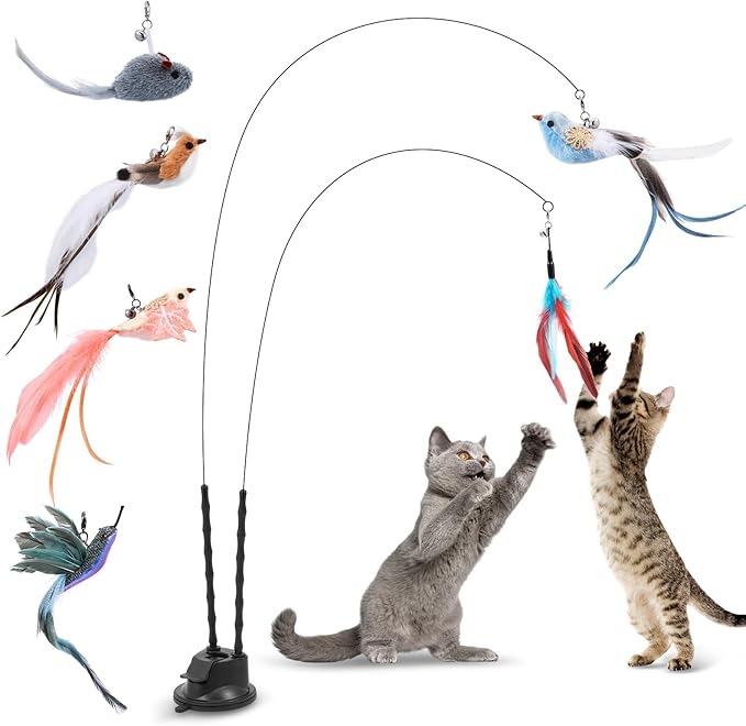 Interactive Bird Simulation Cat Toy Set -2 Teaser Poles, 4 Replacement Birds, 1 Feather & 1 Mouse - Self-Stick Base for Realistic Hunting Fun