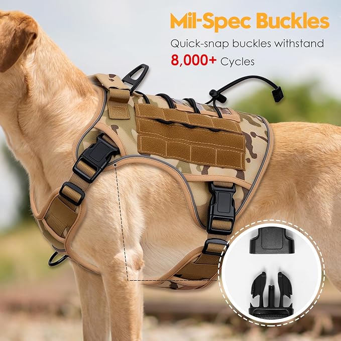 Heavy-Duty Tactical Dog Harness for Large Dogs, No Pull Adjustable Reflective Pet Vest with Molle System, K9 Military-Grade Control for Service Training, Outdoor & 10+ Breeds, Desert Camo, XX-Large