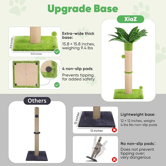 XiaZ Cat Scratching Post 34'' Tall, Cat Tower Scratcher Extra Wide 15.8" Stable Base with 4 Non-Slip Pads, 2 Toy Balls, Natural Sisal & Plush Fabric for Small Medium Large Cats (Green, 4.5in)