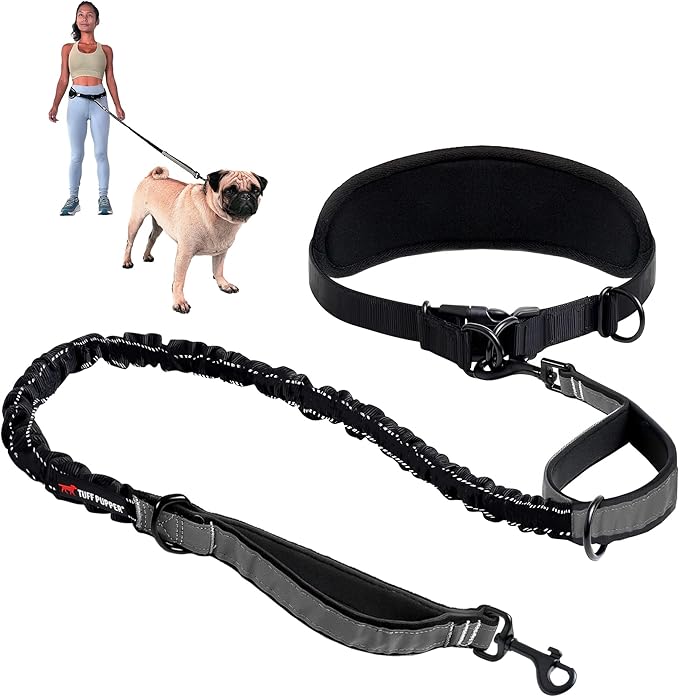 Tuff Pupper Heavy Duty Hands Free Dog Leash | One Small/Medium Dog Up to 45 lbs | Comfortable Shock Absorbing Bungee | Reflective Padded Handles | Lumbar Waist Belt 26-38" | Jogging Running Leash
