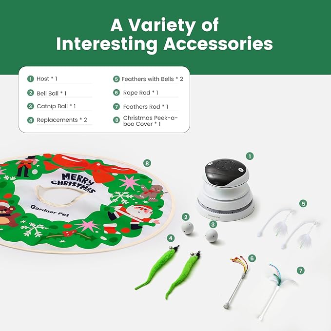 Gardner Pet Christmas Cat Laser Toys, Chargeable 5 in1 Hide and Seek Automatic Interactive Cat Toy, Moving Ambush Feather, Track Balls,Indoor Exercise Kicker 24 inch Cover for All Breeds, 600mAh