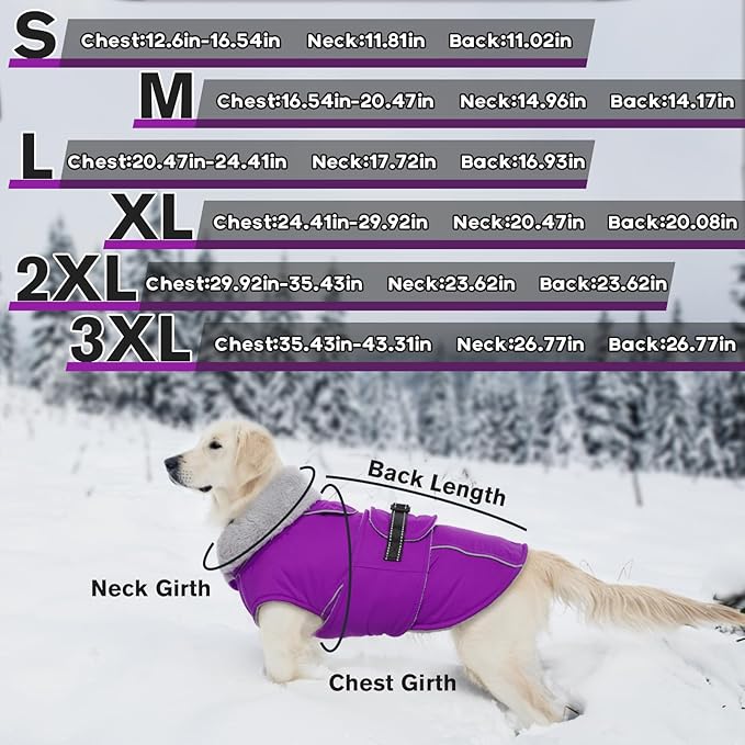 Lelepet Warm Dog Winter Coats for Extra Large Dogs Waterproof Dog Jacket Reflective Pet Fleece Vest Windproof Cold Weather Coats with Adjustable Buckle & Leash Hole, Purple, XXXL