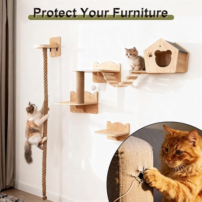 Cat Wall Shelves, Multi-Level Cat Climbing for Indoor Cats, DIY Wall-Mounted Cat Furniture Set with Toys for Play & Rest
