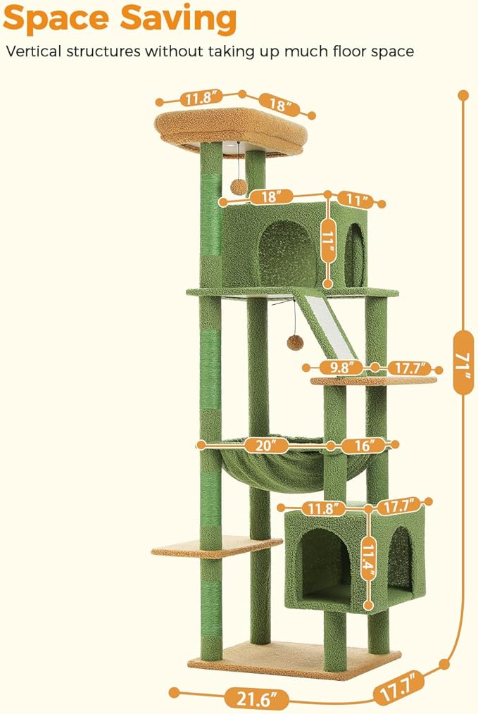 Cactus Tall Cat Tree 71" for Large Cat 20 lbs with Super Large Hammock, Heavy Duty Cat Tower with 4 Sisal Scratching Posts & 2 Spacious Condos for Big Adult Cats Maine Coon-Green