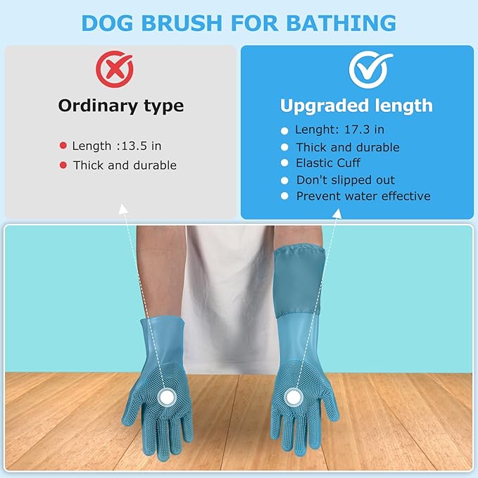 Dog Washing Gloves | Pet Grooming Gloves | Extra Long Arms (17.3") for Cats & Dogs | Massage & Hair Removal Pet Glove (Hazy Blue)