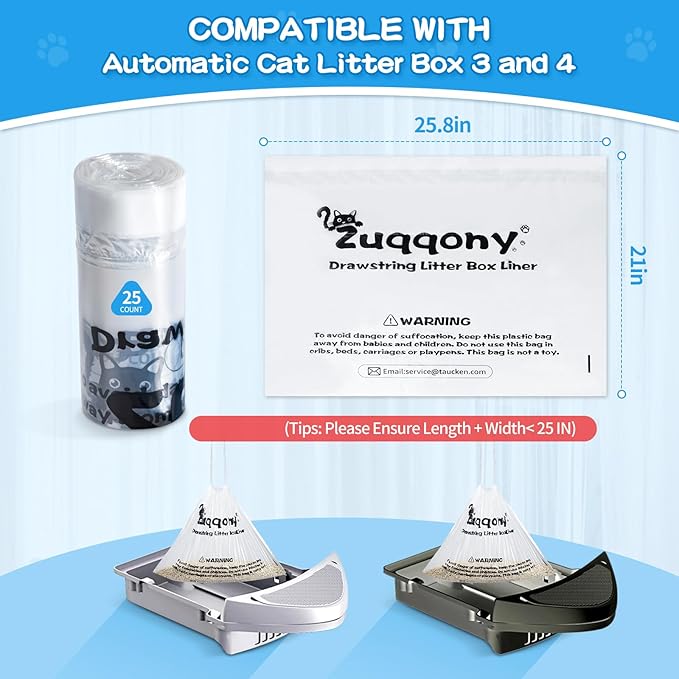 150 Count Drawstring Litter Box Liners Compatible with Automatic Litter Box 4 & 3 - Thickened Leak-Proof Cat Litter Waste Bags, Pre-Separated Clear Design (25.8" x 21"), Odor Control Cat Litter Liner