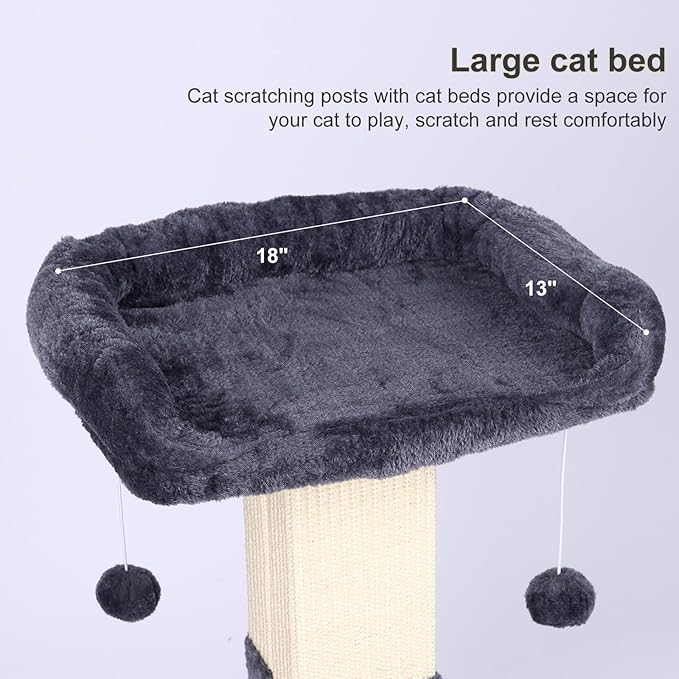 34" Cat Scratching Post for Indoor Cats, Sisal Cat Scratcher with Large Plush Perch, Vertical Posts with Elevated Bed and with Two Dangling Balls, Removable & Washable Cover, Dark Grey
