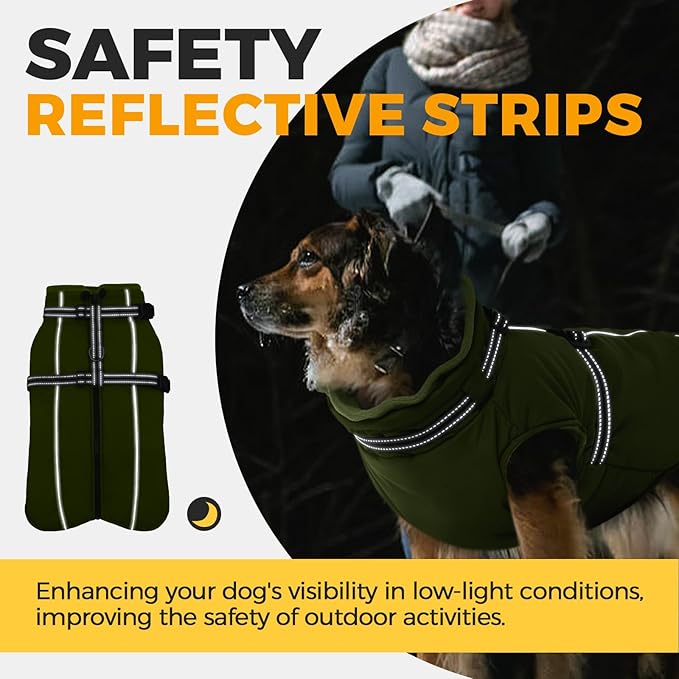 Lelepet Waterproof Dog Jacket with Harness Built in Warm Dog Winter Coat, Reflective Fleece Jacket, Dogs Coats for Medium Dogs, Thermal Turtleneck Pet Snowsuit for Outdoor, Schnauzer, Army Green, M