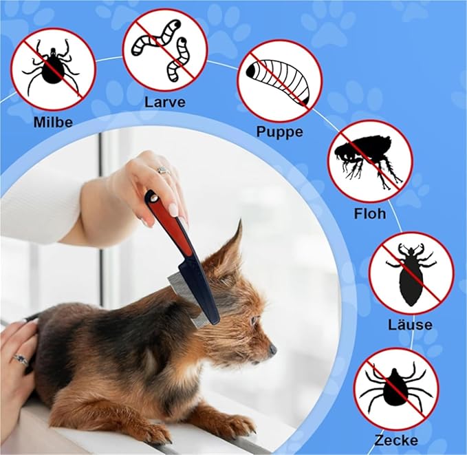 2-Pack Upgrade Fine Tooth Flea Comb for Dogs & Cats, Stainless Steel Pet Hair Removal and Massage Brush - Multifunctional Cleaning Comb for Pets(Red)