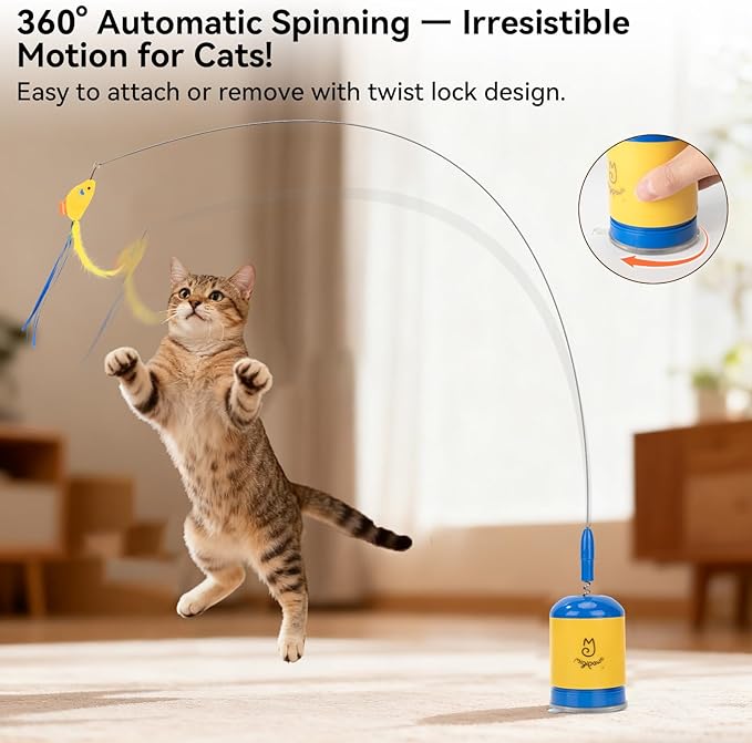 Migipaws Interactive Automatic Cat Teaser Wand Toy with Strong Suction Cup, 70cm Flexible Wire & DIY Bending Design, Rechargeable Cat Exercise Toy with Auto Timer for Indoor Cats(Blue)