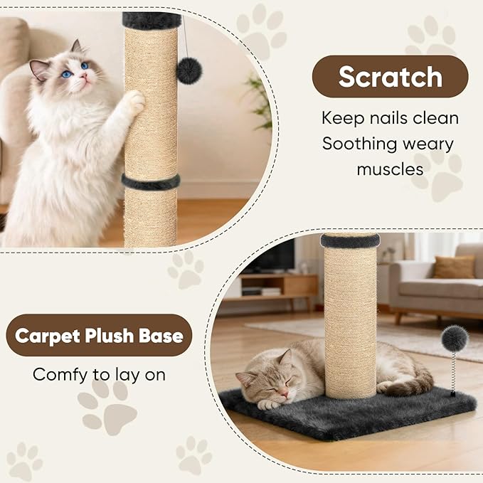 XiaZ Cat Scratching Post 34 Inches Tall, Cat Tower Scratcher Extra Wide 15.8" Stable Base with 2 Interactive Toy Balls, Premium Natural Sisal & Plush Fabric for Any Size Cats (Dark Gray, 4.5in)