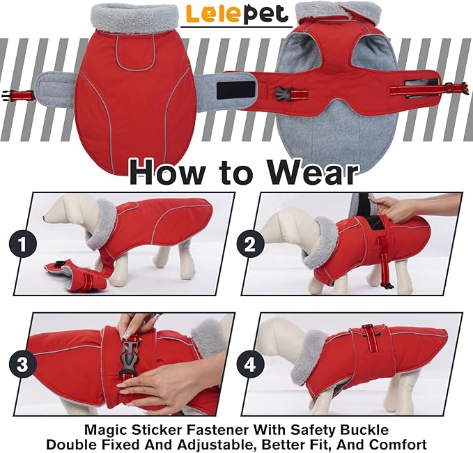 Lelepet Warm Dog Coat Waterproof Dog Jacket Reflective Fleece Vest with Adjustable Buckle Hook & Loop, Windproof Winter Jacket Dogs Coats for Small Medium Large Dogs, Red, S
