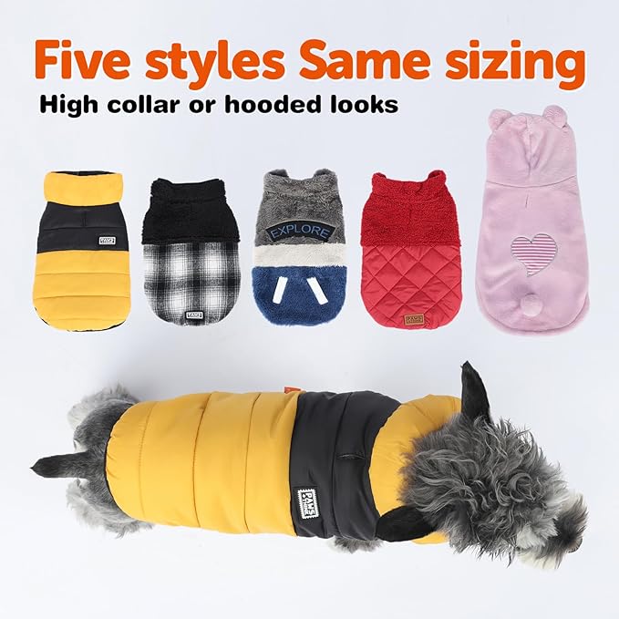 FOFOS Dog Winter Coat, Plush Dog Jacket with Leash Hole, Adjustable Warm Pet Snow Vest for Small Medium Dogs, Yellow, S