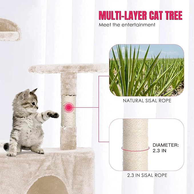 PayLessHere Cat Tree 70in Cat Tower with Cat Scratching Post,Multi-Level Cat Condo Stand House Furniture Kitty Activity Center with Furry Ball Toys Cat Tree for Indoor Cats.Beige