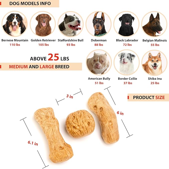 Willjoy 3-Pack Dog Toys for Aggressive Chewers, Chew Toys for Aggressive Chewers, Pine Wood & Nylon, Bacon Flavor Aggressive Chew Toys for Large Dogs, Long Lasting Dog Chews Alternative to Real Sticks