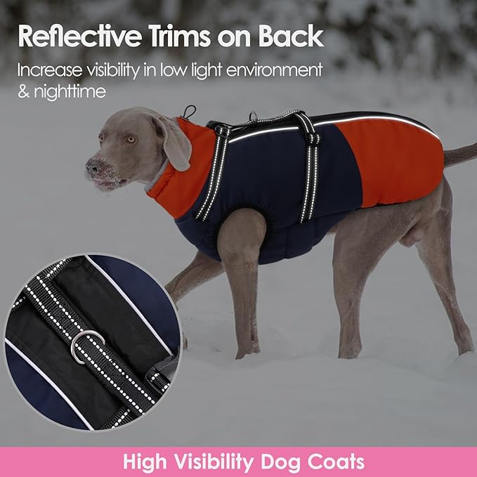 AOFITEE Dog Coat, Windproof Turtleneck Dog Jacket with Built in Harness, Reflective Dogs Jackets with Fleece Lining, Waterproof Pet Winter Coat for Cold Weather for Border Collie, Beagle, Blue XL