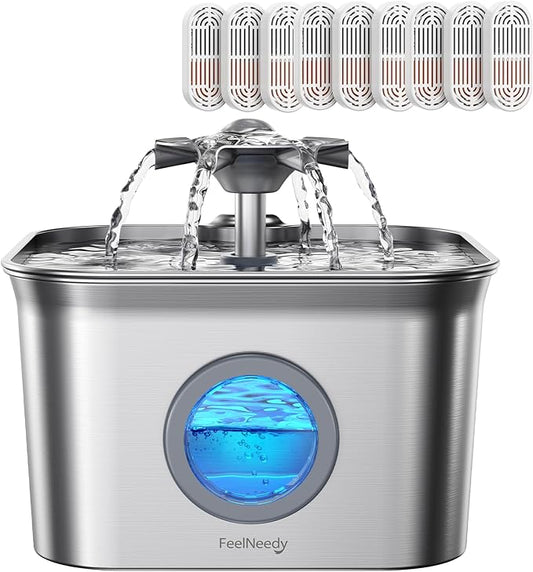 Stainless Steel Cat Water Fountain for Drinking with 9 Filters, 2.8L Auto Pet Drinking Fountain for Cats with 20dB Ultra-Quiet Pump, 24/7 Circulation Filtration LED Water Level Window Dishwasher Safe
