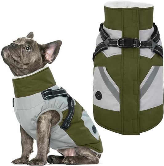 IECOii Dog Winter Coat Waterproof - Green, Medium - Dog Coat with Harness Built in for Medium Dogs, Thermal Warm Fleece Lined with Zip Up Cold Weather Jacket, Reflective Snowsuit for Outdoor Hiking