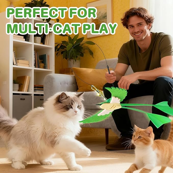 Cat Toys Interactive Teaser Wand, Long-Tailed Bird Attachment with Black Petal Suction Cup Base, Feather & Bird Toy for Solo Play, Encourages Physical Activity & Bonding Time for Cats & Kittens