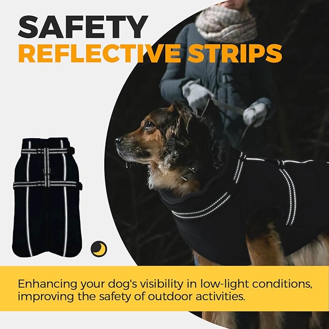 Lelepet Waterproof Dog Jacket with Harness Built in Warm Dog Winter Coat, Reflective Fleece Jacket, Dogs Coats for Medium Dogs, Cozy Thermal Turtleneck Pet Snowsuit for Cold Weather,Pug, Black, M
