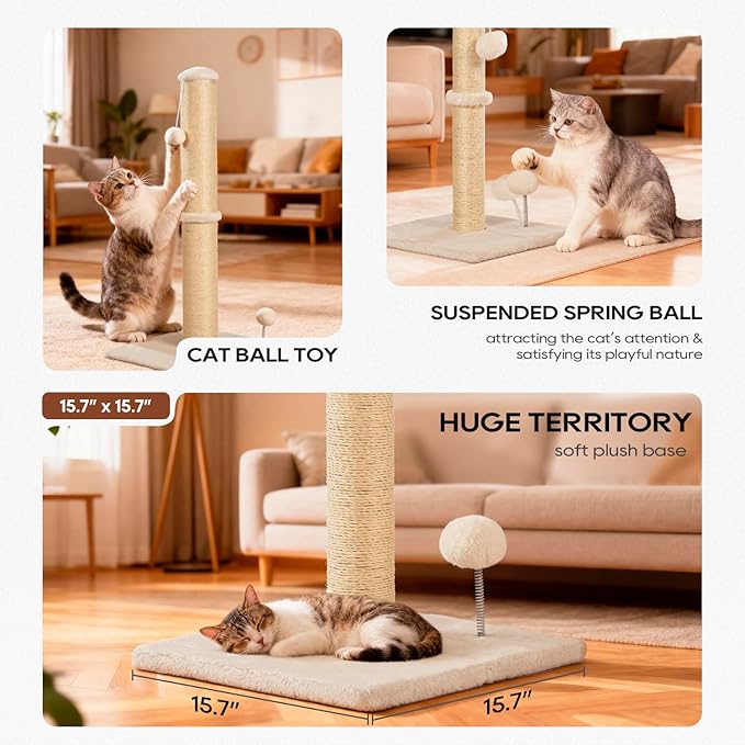 FDW 33 Inch Cat Scratching Post Cat Scratcher Natural Sisal Rope Scratch Post Trees with Hanging Ball for Indoor Cats and Adults,Beige