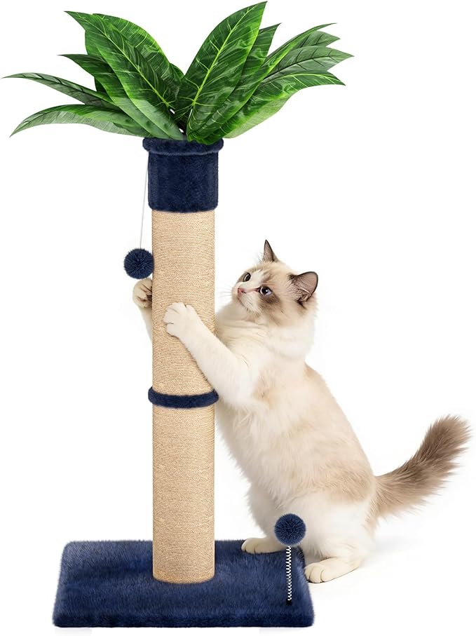 XiaZ Cat Scratching Post 34 Inches Tall, Cat Tower Scratcher Extra Wide 15.8" Stable Base with 2 Interactive Balls, Premium Natural Sisal & Plush Fabric for Small, Medium Large Cats (Navy Blue, 4.5in)