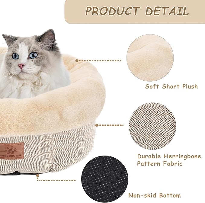 WINDRACING Cat Beds for Indoor Cats,Kitten Bed,Dog Bed for Extra Small Dogs Breeds,Puppy Kennel Bed, Comfy Durable Pet Sleeping Bed, Washable Roun Cat Bed & Non-Slip Bottom, Size 18"L x 18"W x 7.5"Th