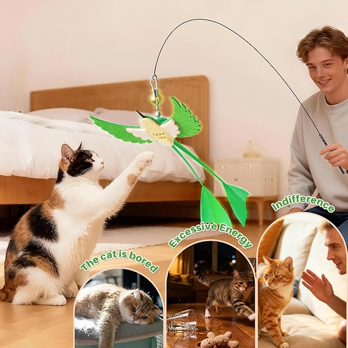 Cat Toys Interactive Teaser Wand, Long-Tailed Bird Attachment with Black Petal Suction Cup Base, Feather & Bird Toy for Solo Play, Encourages Physical Activity & Bonding Time for Cats & Kittens