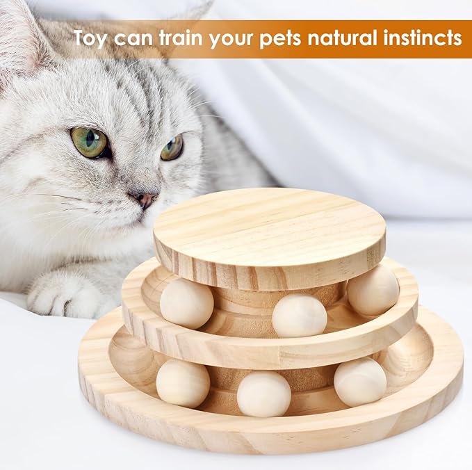 Cat Ball Track Toy, Double-Layer Tower cat Toy Roller, Interactive Wooden cat Toy - no Card Ball, Anti Slip, no Assembly Required, Ideal Choice for Physical and Mental Exercise of Kittens