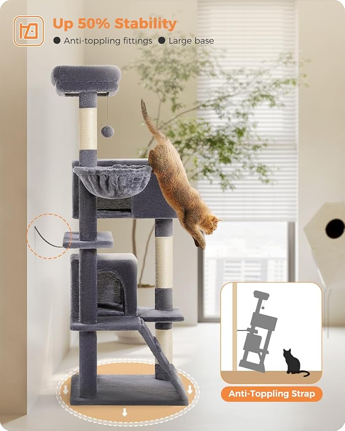 Cat Tree for Large Cats Adult with Super Large Top Perch, 56.3" Tower with Plush Hammock, Shelves and Dangling Pompom, Scratching Posts and 2 Condos House, Dark Gray