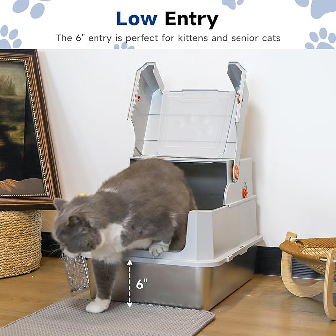 TENTIZON Stainless Steel Cat Litter Box with Lid, XL Large Covered Kitty Litterbox with Flip Top, High Side, Litter Mat, Scoop for Big Cats, Kitten, Multi-Cats Home, No Smell, No Mess, Easy Clean