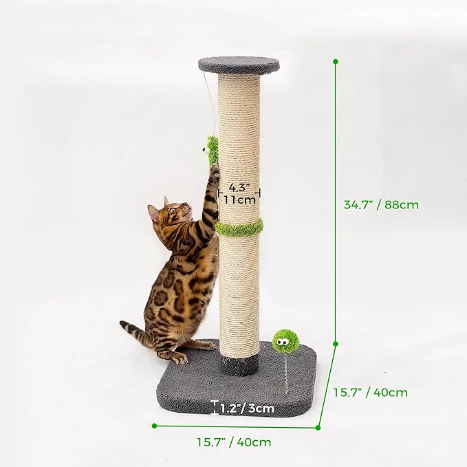 TINYBEAST 34.7" Tall Cat Scratching Post, 3 in 1 Sisal Cat Scratcher, Heavy Duty 4.3" Diameter Cat Tree with Hanging Bell Ball Toy and Reinforced Stable Base for Indoor Adult Cats & Kittens