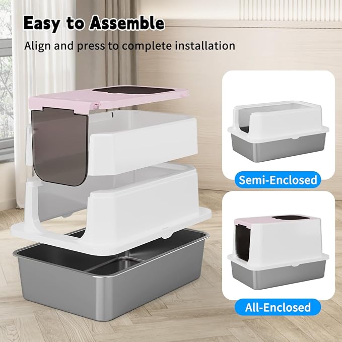 RIZZARI Enclosed Cat Litter Box: Large Top & Front Entry with Odor Control - Stainless Steel with Teflon Non-Stick Coating - High-Sided Pink Litter Pan for Multi-Cat Homes - for Apartments Hallways