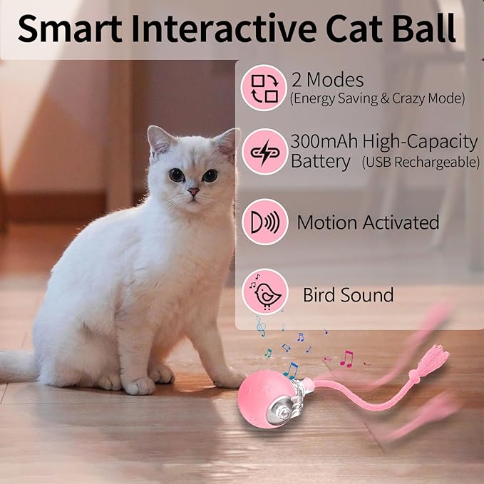 Interactive Cat Toys, Automatic Moving Cat Toys for Bored Indoor Adult Cats, Fast Rolling, Chirping & Motion-Activated Kitty Toys, Fun Gift for Cats with Speedy Tail 2.0, USB Rechargeable (Pink)