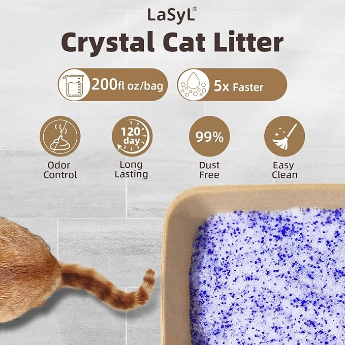 LaSyL Premium Crystal Cat Litter - 17.2 lb, Four Months Lasting - Superior Odor Control & Absorption, Non-Clumping, Low Tracking Silica Gel Safe for Pet, White & Blue (4 Bags of 4.3 lb)