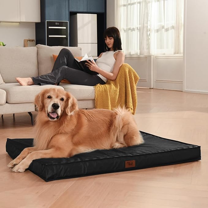 Outdoor Orthopedic Dog Bed for Extra Large Dogs, XL Waterproof Flat Pet Bed 44x32 Inch, Egg Crate Foam with Removable Washable Oxford Cooling Cover, Black