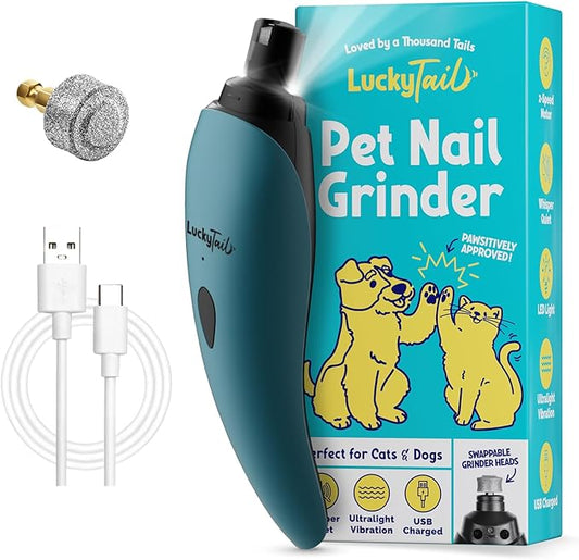 LUCKY TAIL Pet Nail Grinder for Dogs and Cats - Super Quiet and Low Vibration Electric Dog Nail Grinder with 2 LED Lights - USB Rechargeable and Cordless - 2 Speeds - Small to Large Pets - Teal