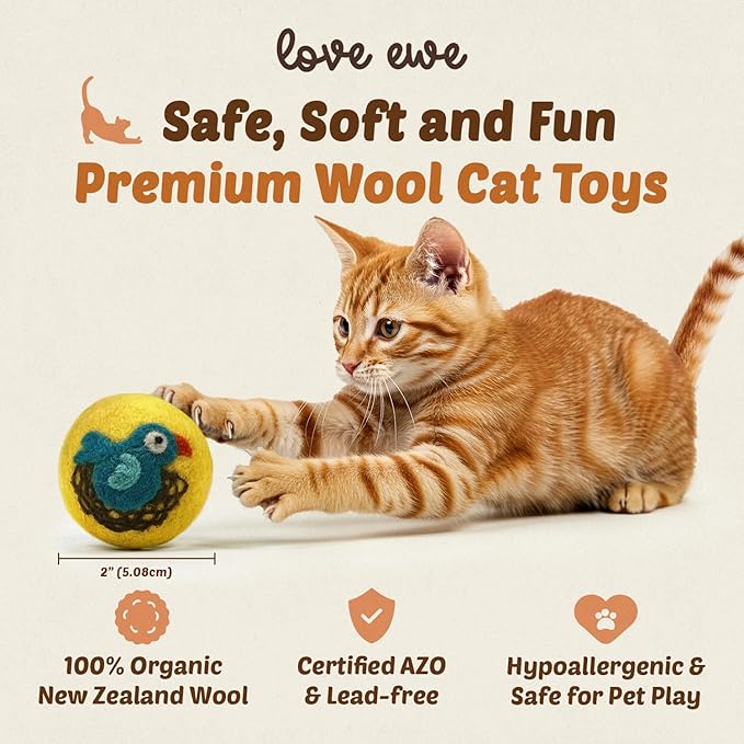 Hustle & Blush Love Ewe Felted Cat Toys 3 Pack - 2 Inch Fish & Bird Hand Made Cute & Fun Design Kitten Wool Felt Balls for Indoor Play & Exercise - 100% New Zealand Handmade - Holiday Pet