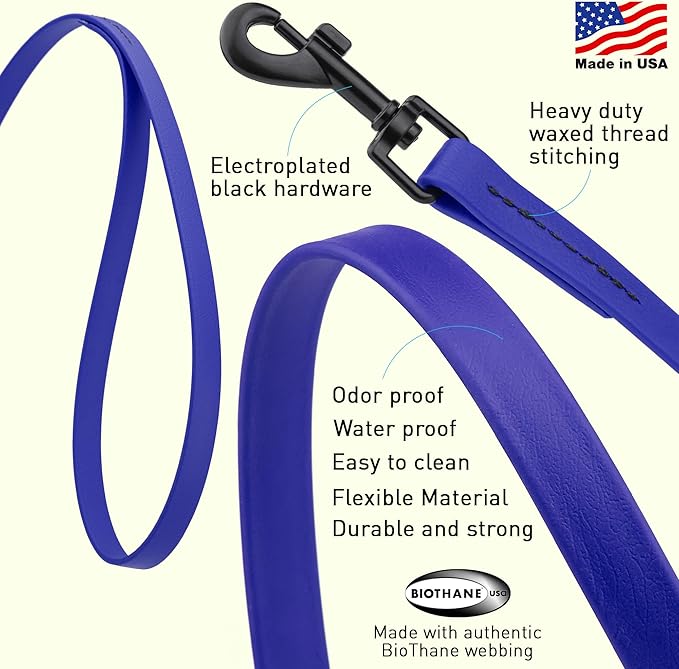 Dogline Biothane Waterproof Dog Leash Strong Coated Nylon Webbing with Black Hardware Odor-Proof Easy to Clean High Performance for Small or Large Dogs Made in USA 4 or 6 ft Lead, Blueberry Royal