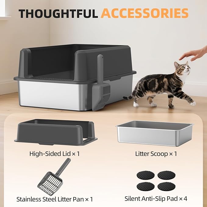 Enclosed Stainless Steel Cat Litter Box with Lid, XL Extra Large Litter Box for Big Cats, Metal Litter Pan High Sided, Never Absorbs Odors, Anti-Urine Leakage, Include Scoop (65-Darkgray)