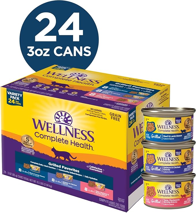 Wellness Complete Health Grilled, Adult Wet Cat Food, Natural, Protein-Rich, Grain-Free, 3 Ounce, 24 Pack, (Grilled Favorites Variety Pack)