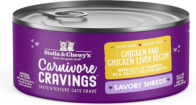 Stella & Chewy's Carnivore Cravings Savory Shreds - Wet Cat Food - High-Moisture Formula with Premium Cage-Free Chicken & Chicken Liver - Perfect for Picky Eaters - 2.8 oz, 24 Count