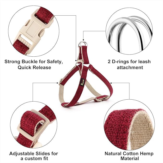 Plutus Pet Cotton Hemp Step in Dog Harness, Sustainable, Lightweight and Escape-Proof, Quick Fit Dog Harness for Puppy Small Medium and Large Dogs, Dark Red, L