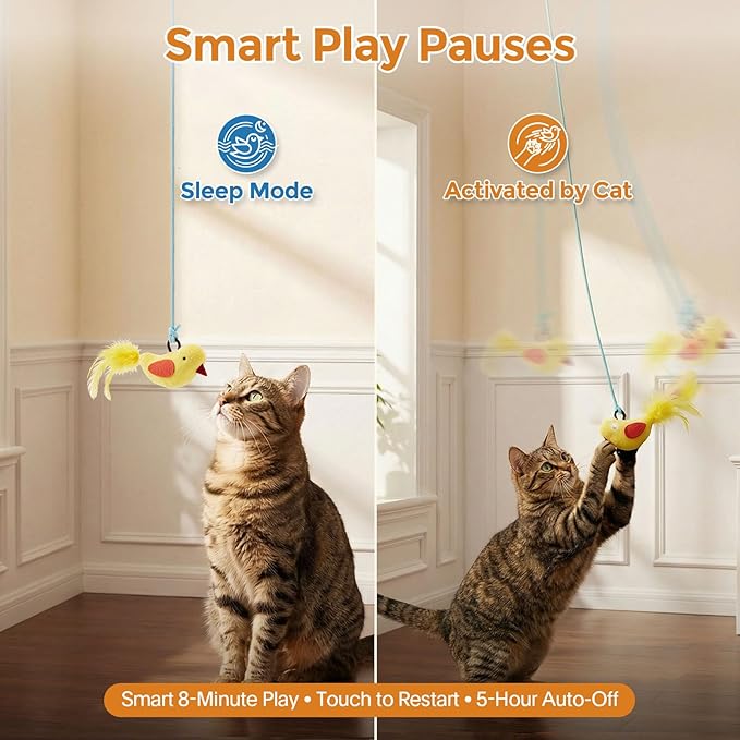 Interactive Cat Toys for Indoor Cats - 2 in 1 Automatic Laser Pointer Cat Toy with Feather Flying Bird，Smart Moving Mouse Wand Toy with 2 Modes, Auto On/Off Hanging Toys for Bored Kitten & Adult Cats