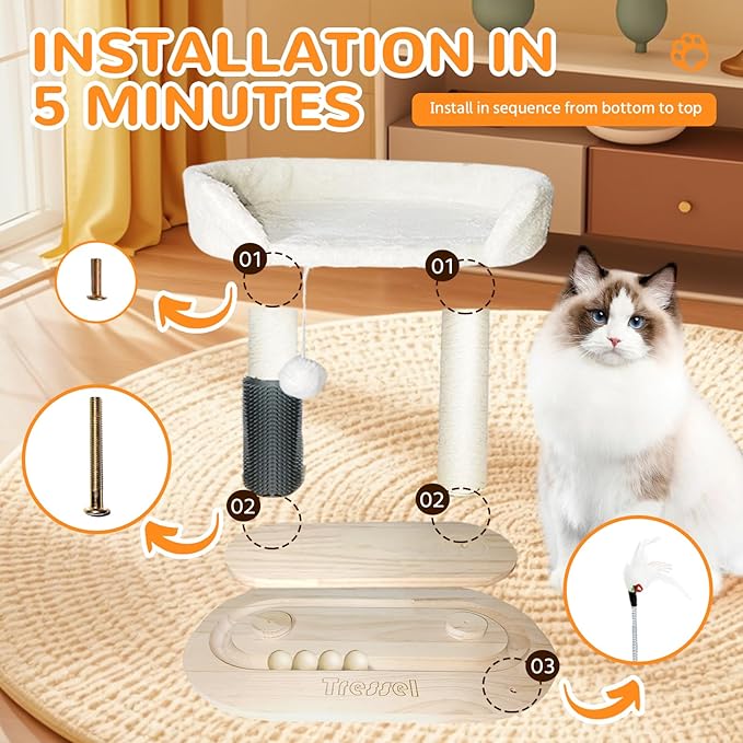 Small Cat Tree Tower, 16.5''H Cat Scratching Post with Bed 6-in-1 Cat Tree with Self Groomer Brush, Natural Sisal Scratcher Cute Kitten Climbing Tower with Scratching Post, Interactive Toy for Indoor