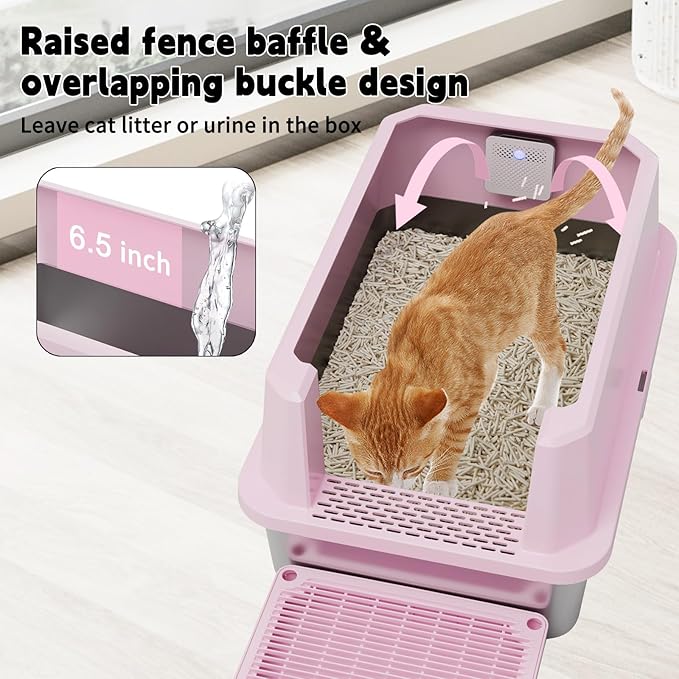 RIZZARI Stainless Steel Litter Box: Pink Leakproof Open Top Tray - Teflon Non-Stick Coating - Large Size Odor Control for Cats Under 20 lbs - with Deodorizer - 2 Pack - for Laundry Room Restroom