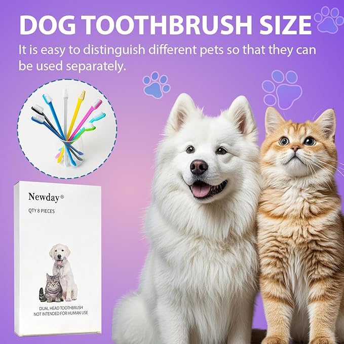 Newday Dog Toothbrush Set of 8 - Dual Headed, Dental Hygiene Convenient Soft Toothbrush to Clean pet Teeth, Dog Tooth Brushes for Small to Large Dogs, Cats, and Most Pets, Teeth Brush in Bulk